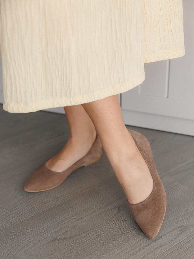 Handmade Comfortable Leather Flats for Women, Suede Pointed or Square Toe Ballet Shoes, Soft Office Barefoot Style in Beige image 2