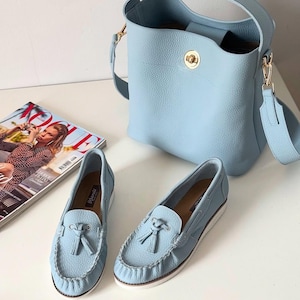 Leather Set: Blue Moccasins + Blue Bag for Women for Daily Wear, Grounding Leather Moccasins, Comfortable Women&#39;s Shoes, Gift for her