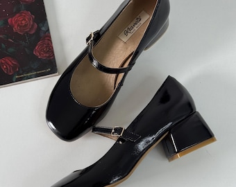 Schwarze Leder Mary Janes, Handgefertigte Klassische Damenschuhe, Elegante Low Heels, Vintage Inspirierte Schuhe, Bequeme Büro oder Abend Schuhe