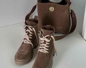 Comfy Brown Suede Boots, Gift for Sister, Handmade Shoes, Warm and trendy lace-up shoes with flannel lining