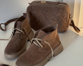 Designer Handmade Beige Suede Ankle Boots, Desert Boots for Women, Cozy Demi-Season Flat Boots - Gift for Her, Suede Shoes for Women