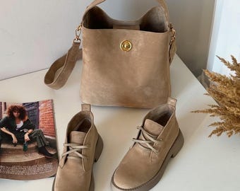 Womens Suede Boots, Women Desert Boots, Leather Short Booties, Comfort Shoes