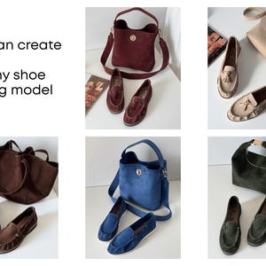 K&ouml;nnte beinhalten: Eine Kollektion aus Wildledertaschen und -loafers in verschiedenen Farben, darunter Burgunderrot, Braun, Blau und Gr&uuml;n. Das Bild zeigt eine Tragetasche, eine Bucket Bag und eine Umh&auml;ngetasche sowie passende Loafer. Der Text im Bild lautet: "Wir k&ouml;nnen ein Set f&uuml;r jedes Schuh- oder Taschenmodell erstellen."