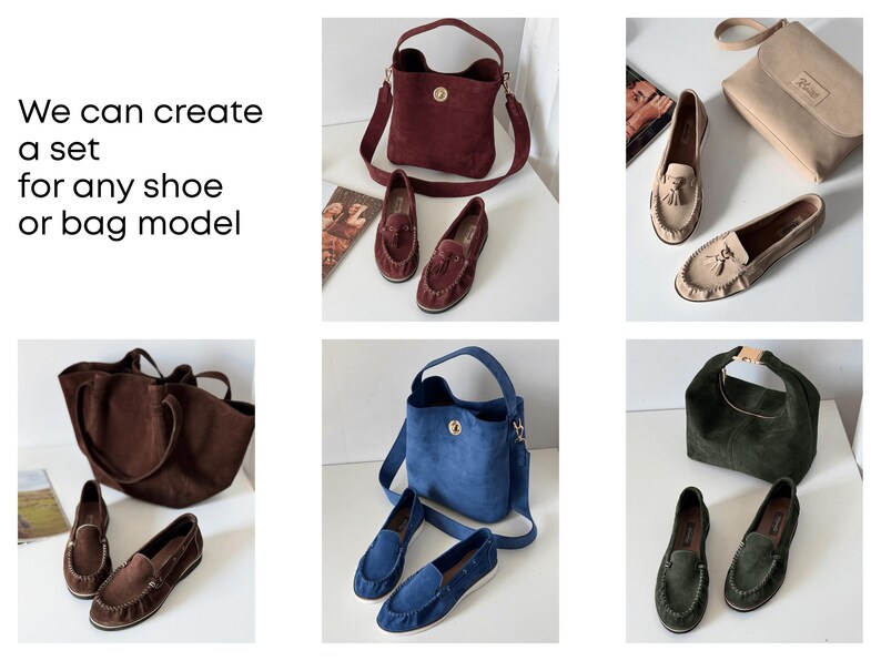 K&ouml;nnte beinhalten: Eine Kollektion aus Wildledertaschen und -loafers in verschiedenen Farben, darunter Burgunderrot, Braun, Blau und Gr&uuml;n. Das Bild zeigt eine Tragetasche, eine Bucket Bag und eine Umh&auml;ngetasche sowie passende Loafer. Der Text im Bild lautet: "Wir k&ouml;nnen ein Set f&uuml;r jedes Schuh- oder Taschenmodell erstellen."