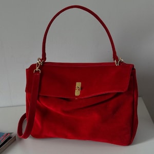 Red Suede Bag, Elegant Red Evening Purse - Handmade Work Bag for Women, Mom's Birthday Gift, Large Handbag, Red Suede Purse, Luxury Bag