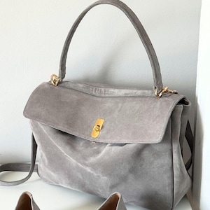 Handmade Gray Suede Purse - Stylish Work Bag for Women, Luxury Gray Suede Tote Bag - Handmade Women&#39;s Gift, Elegant Purse for Women