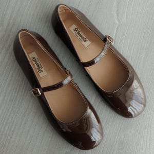 Chocolate Mary Jane Shoes, Barefoot Comfy Shoes, Patent Leather Women&#39;s Summer Shoes, Elegant Handmade Womens Shoes, Gift For Wife