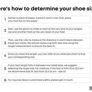 May include: White graphic with instructions on how to measure foot size for shoes. The text includes steps using a pencil, paper, and ruler to measure in centimeters. Includes a drawing of a foot and a shoe.