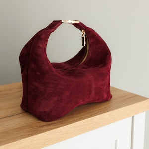 Bordeaux Wildleder Handtasche, Vintage Leder Abendtasche - Mittleres Luxus Handtaschen Geschenk für Sie