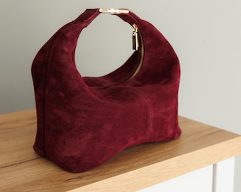 Burgundy Suede Leather Handbag, Vintage Leather Evening Bag - Medium Luxury Handbag Gift for Her