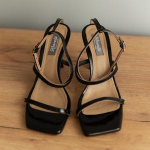 Minimalist Leather Sandals Heels - Handmade Open Toe Strappy Summer Shoes, Black Sanndals, Black Shoes, Mom Birthday Gift