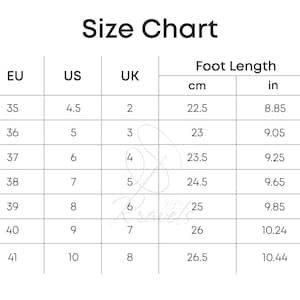 May include: Size chart for shoes, showing European, US, and UK sizes, along with corresponding foot length in centimeters and inches.