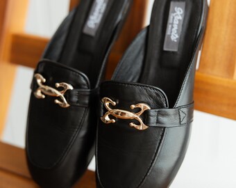 Leather Women's Mules - Handmade Black Flats, Leather Shoes with Gold Metallic Accent, Gift for Her, Unique Shoes for Women