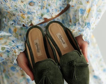 Leather Mules for Women, Handmade Suede Pointed Toe Flats, Barefoot Summer Shoes Gift