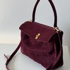 Große Designer Burgund Handtasche - Handgefertigte Luxustasche für Frauen, große Vintage Wildleder Geldbörse, Geschenk für Frauen, Wildledertasche