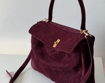 Burgundy Suede Tote Bag, Handmade Leather Handbag with Top Handle, Elegant Fall Gift for Women