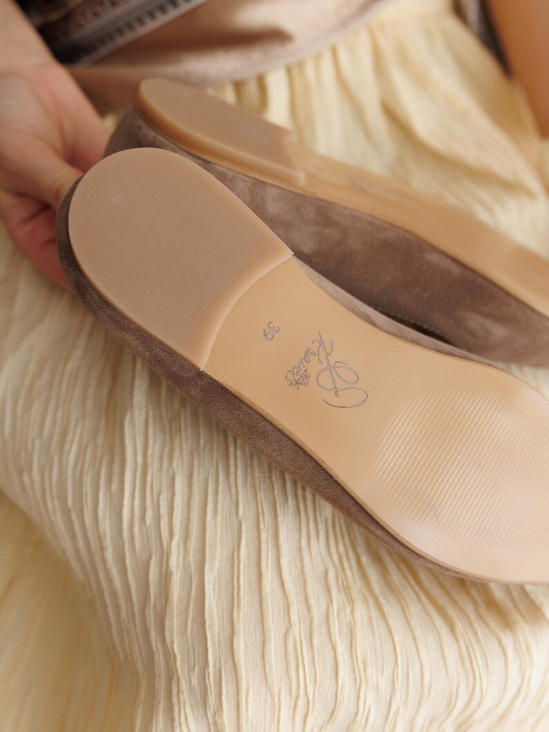Handmade Comfortable Leather Flats for Women, Suede Pointed or Square Toe Ballet Shoes, Soft Office Barefoot Style in Beige image 4