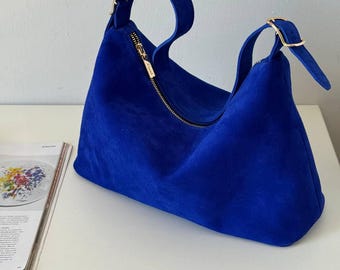 Designerska niebieska torebka wieczorowa, mała torebka na ramię damska, torebka zamszowa, prezent dla kobiety