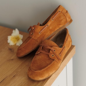 Stylish Camel Suede Women&#39;s Boat Shoes - Leather Comfortable Summer Loafers, Top Siders for Comfort, Mom Birthday Gift
