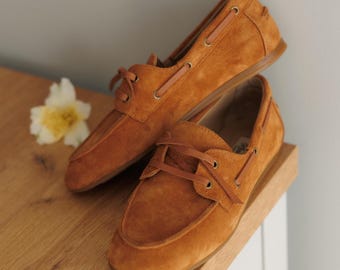 Ręcznie robione skórzane mokasyny damskie, brązowe zamszowe buty żeglarskie, wygodny prezent w stylu vintage dla mamy
