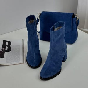 Blue Suede Ankle Boots - Genuine Leather Women&#39;s Shoes, Handmade Platform Boots - Unique Gift for Women - Stylish Heels for Autumn