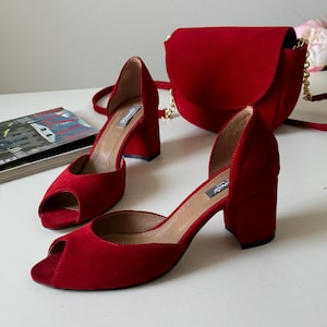 Red Low Heels with Matching Red Handbag Set, Unique Handmade Ladies Shoes, Dress Shoes,  Suede Heels, Suede Bag, Gift Set
