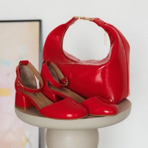 Red Patent Leather Set: Handbag & Mary Jane Shoes, Vintage Leather Evening Bag - Medium Luxury Handbag, Mid Heel Summer Shoes, Gift for Her