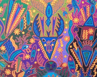 Peinture sur fil Jose Benitez Sanchez Huichol du Mexique. millésime. Originale. Pièce rare.