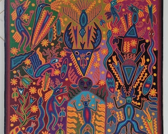 José Benítez Sánchez Huichol Yarn Painting (1991) – Peyote Deer Cosmology – Wixárika Indigenous Art 60cm
