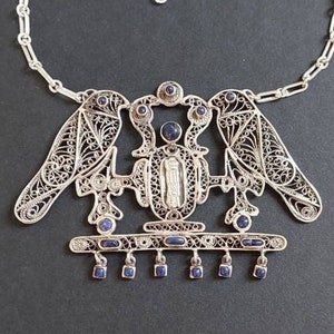 Rare Vintage Nefertiti Necklace – Silver Filigree Cartouche, Falcons, Cobras & Lapis Lazuli, Upper Egypt Craftsmanship