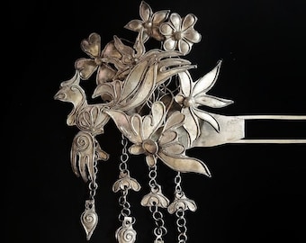 Grampo de cabelo vintage Miao em prata com formato de fênix – Ornamento tribal chinês