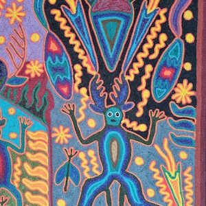 José Benítez Sánchez Pintura em Fio Huichol (1991) – Cosmologia do Cervo Peiote – Arte Indígena Wixárika 60 cm imagem 12