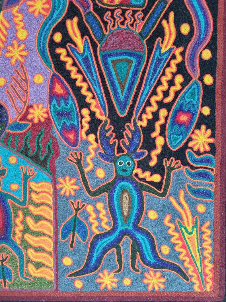 José Benítez Sánchez Pintura em Fio Huichol (1991) – Cosmologia do Cervo Peiote – Arte Indígena Wixárika 60 cm imagem 12