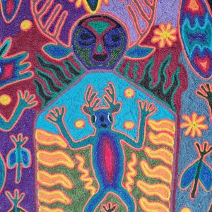 José Benítez Sánchez Pintura em Fio Huichol (1991) – Cosmologia do Cervo Peiote – Arte Indígena Wixárika 60 cm imagem 7