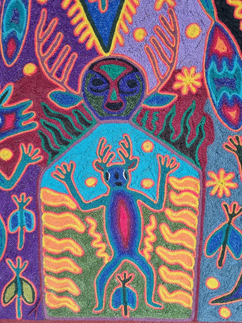 José Benítez Sánchez Pintura em Fio Huichol (1991) – Cosmologia do Cervo Peiote – Arte Indígena Wixárika 60 cm imagem 7