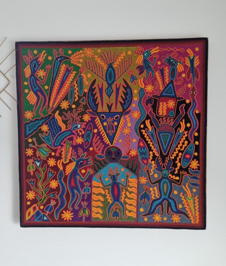 José Benítez Sánchez Pintura em Fio Huichol (1991) – Cosmologia do Cervo Peiote – Arte Indígena Wixárika 60 cm imagem 3