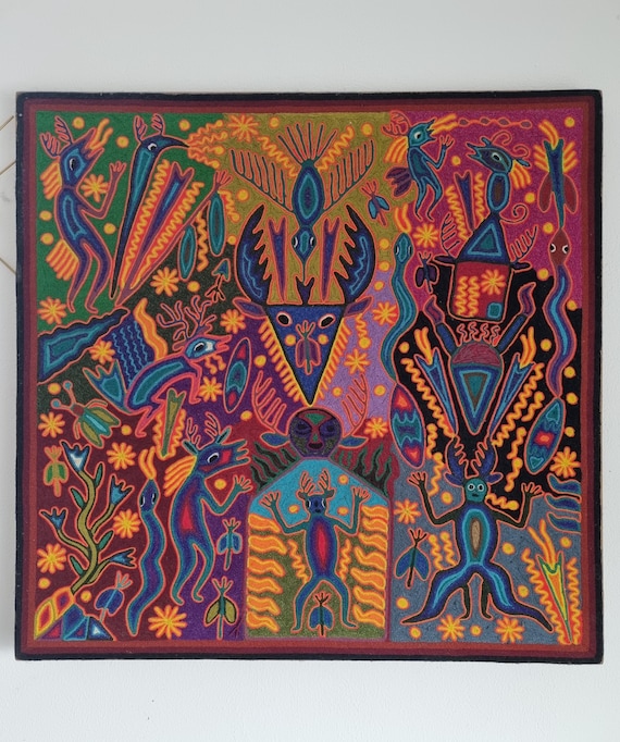 José Benítez Sánchez Huichol Yarn Painting (1991) – Peyote Deer Cosmology – Wixárika Indigenous Art 60cm