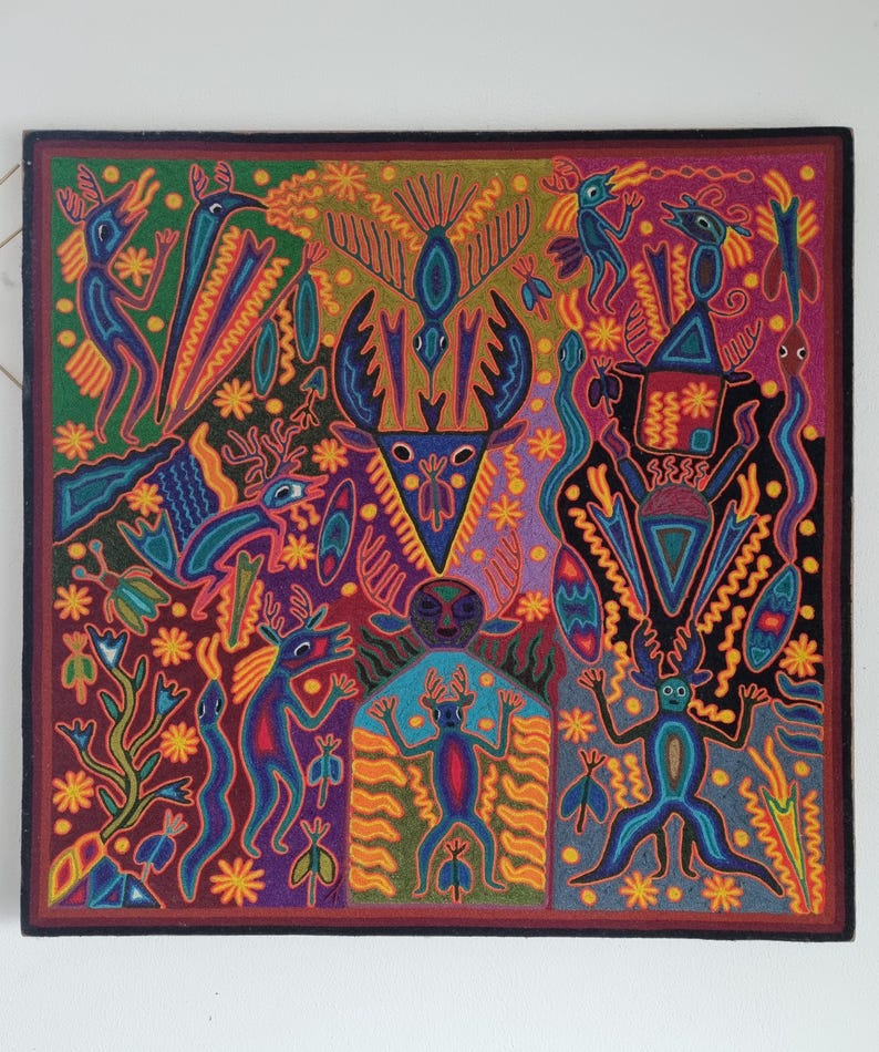 José Benítez Sánchez Pintura em Fio Huichol (1991) – Cosmologia do Cervo Peiote – Arte Indígena Wixárika 60 cm imagem 1