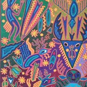 José Benítez Sánchez Pintura em Fio Huichol (1991) – Cosmologia do Cervo Peiote – Arte Indígena Wixárika 60 cm imagem 11