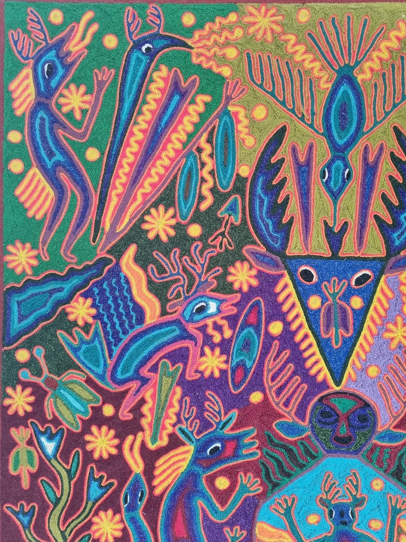 José Benítez Sánchez Pintura em Fio Huichol (1991) – Cosmologia do Cervo Peiote – Arte Indígena Wixárika 60 cm imagem 11