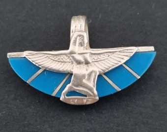 Aset - winged Isis amulet.Silver with Sinai turquoise. Vintage