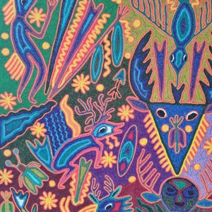 José Benítez Sánchez Pintura em Fio Huichol (1991) – Cosmologia do Cervo Peiote – Arte Indígena Wixárika 60 cm imagem 13