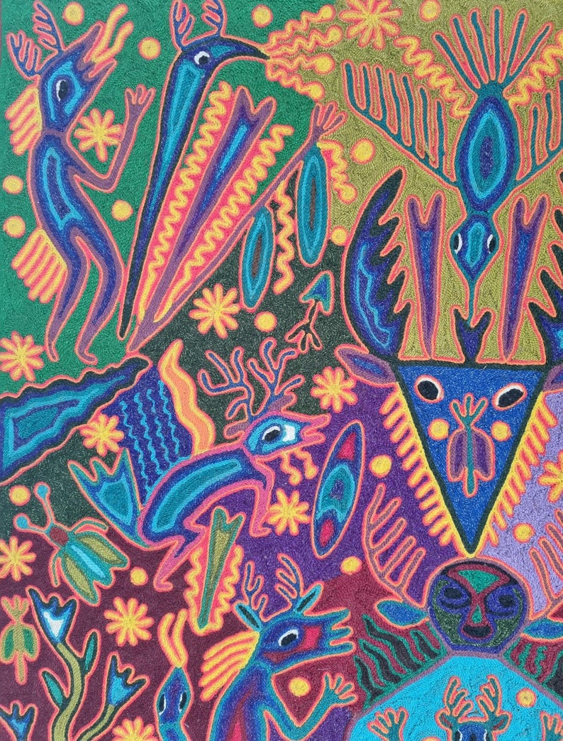 José Benítez Sánchez Pintura em Fio Huichol (1991) – Cosmologia do Cervo Peiote – Arte Indígena Wixárika 60 cm imagem 13
