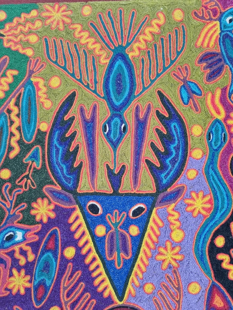 José Benítez Sánchez Pintura em Fio Huichol (1991) – Cosmologia do Cervo Peiote – Arte Indígena Wixárika 60 cm imagem 5