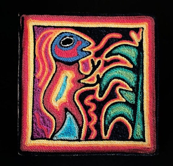 Vintage Huichol Yarn Painting – El Curandero Nierika Folk Art (10x10cm)
