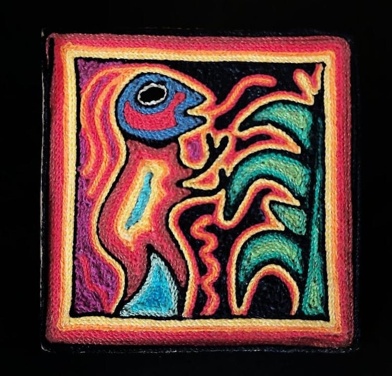 Vintage Huichol Yarn Painting – El Curandero Nierika Folk Art (10x10cm) image 1