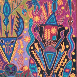 José Benítez Sánchez Pintura em Fio Huichol (1991) – Cosmologia do Cervo Peiote – Arte Indígena Wixárika 60 cm imagem 10