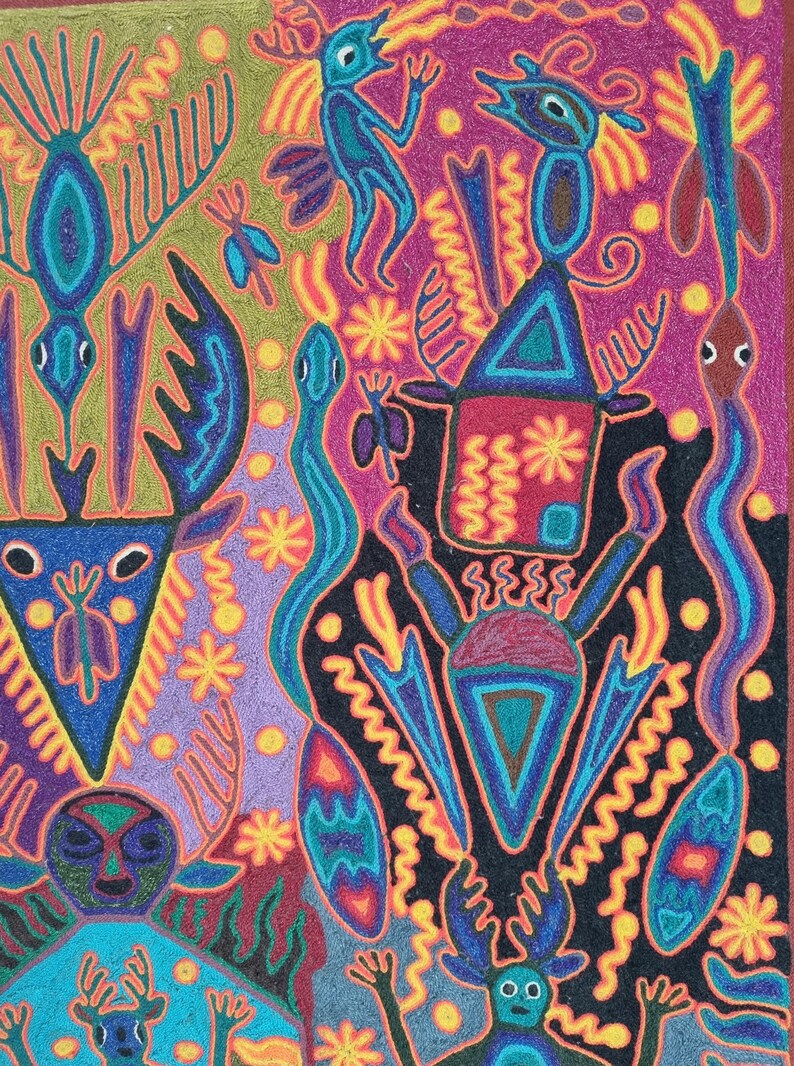 José Benítez Sánchez Pintura em Fio Huichol (1991) – Cosmologia do Cervo Peiote – Arte Indígena Wixárika 60 cm imagem 10