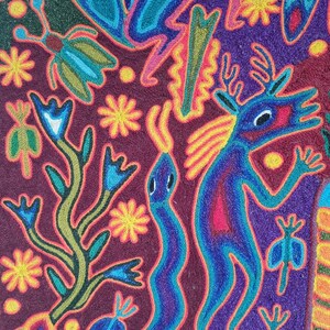 José Benítez Sánchez Pintura em Fio Huichol (1991) – Cosmologia do Cervo Peiote – Arte Indígena Wixárika 60 cm imagem 8
