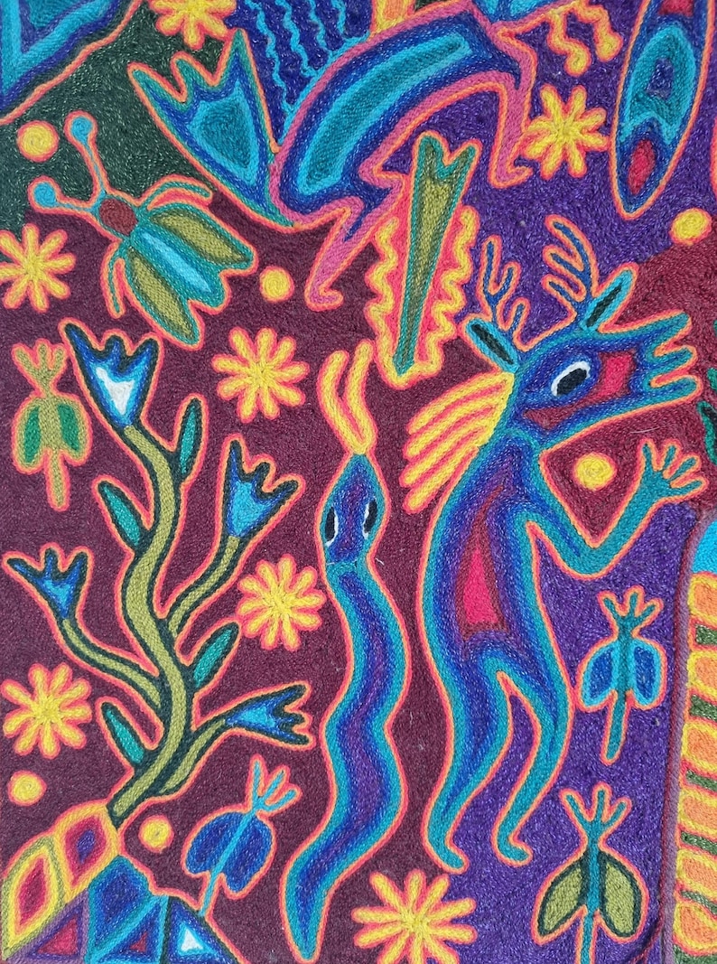 José Benítez Sánchez Pintura em Fio Huichol (1991) – Cosmologia do Cervo Peiote – Arte Indígena Wixárika 60 cm imagem 8